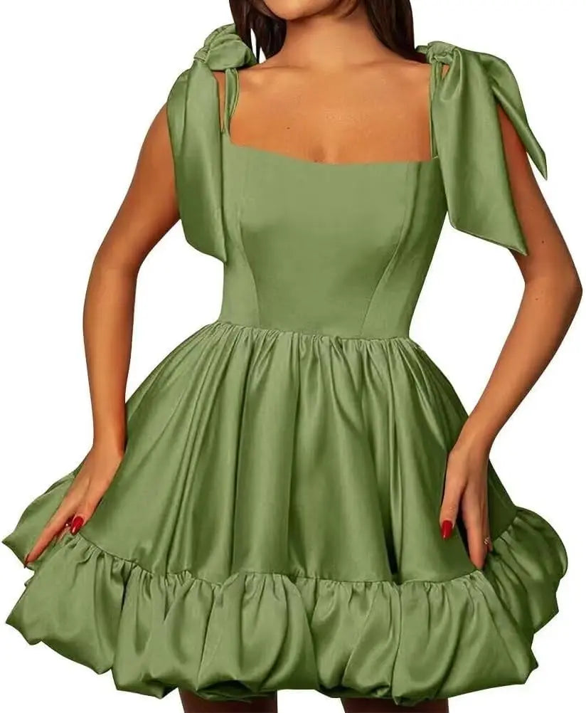 Women’s A-line Puffy Straps Sleeveless Formal Party Gown Teens Satin Short Homecoming Cocktails Dress