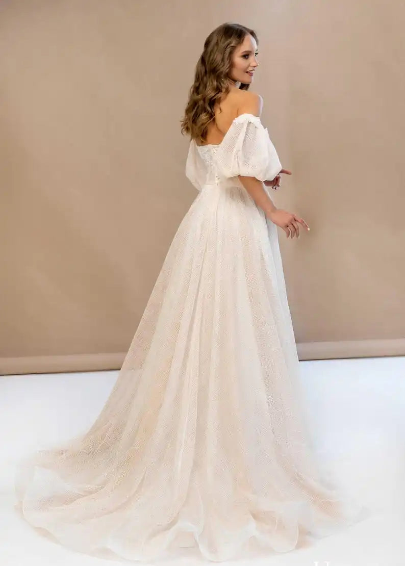 Spitze besticktes Hochzeitskleid Laternenärmel Kleider Nude Boho Brautkleid Korsett Custom Hochzeitskleid schlichtes Brautkleid 