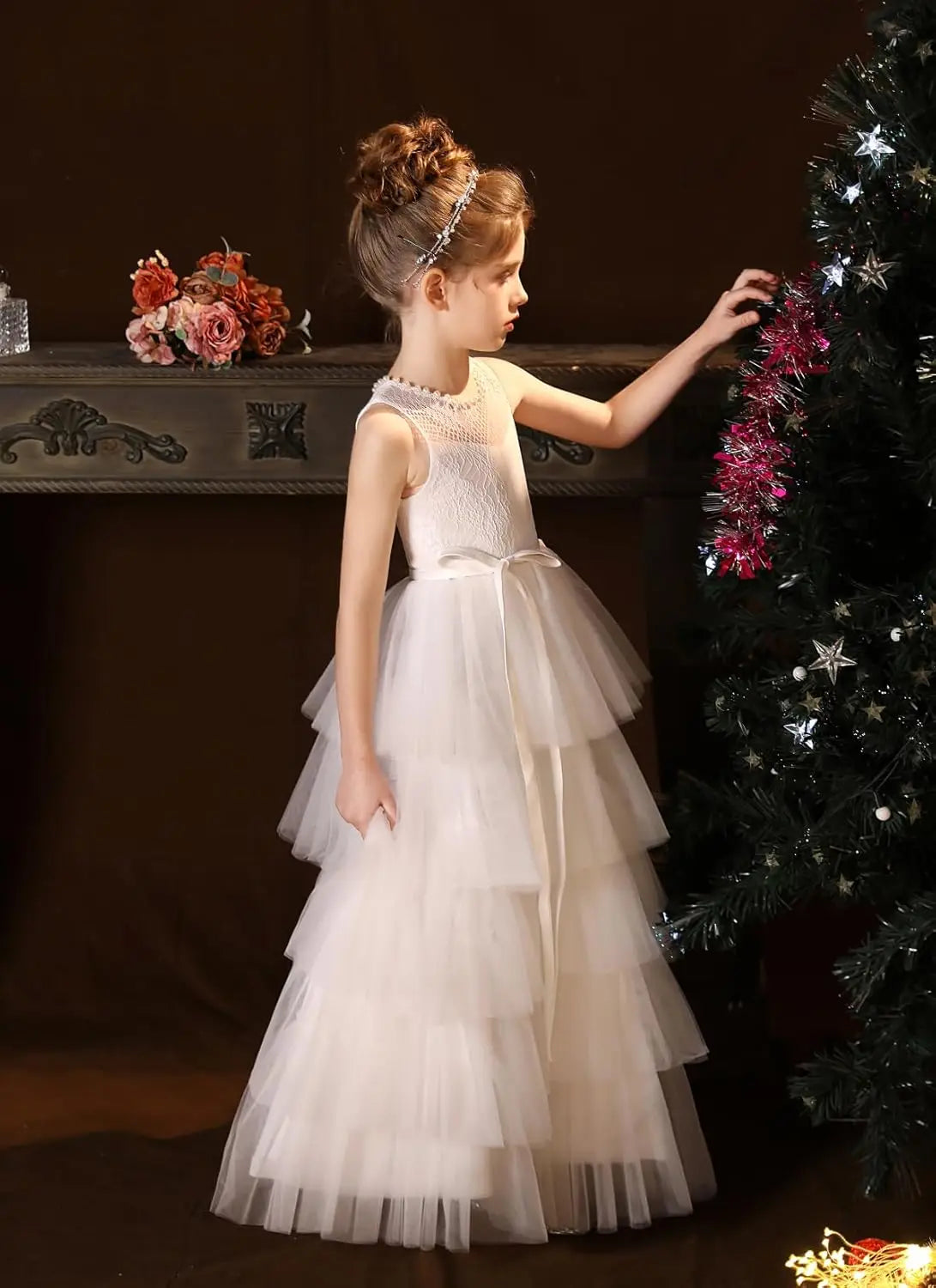 Vestidos de tul para niña de las flores para boda, vestido de encaje de primera comunión, vestidos de fiesta de desfile en capas para niñas 