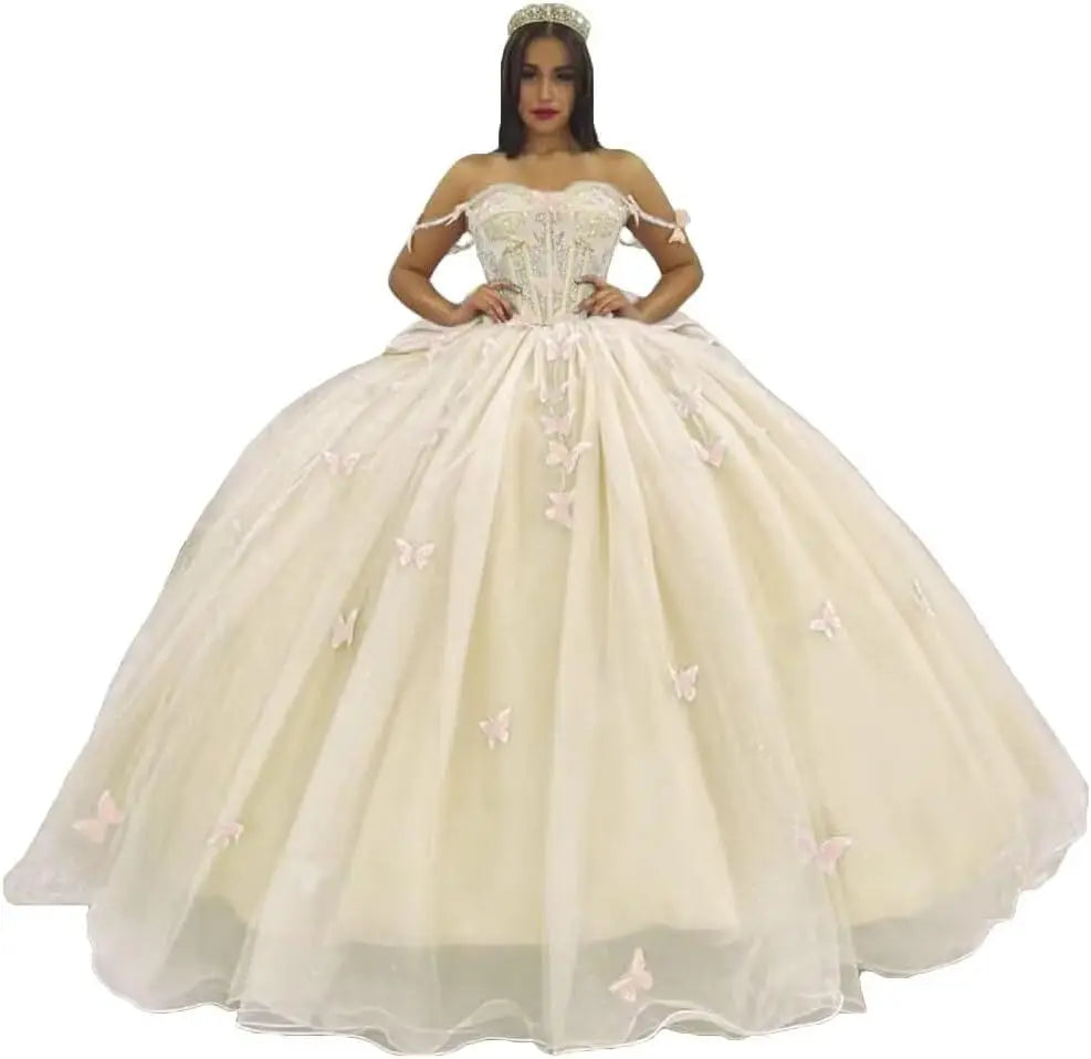 3D Butterfly Quinceanera Dress with Bow Train Spaghetti Strap Sweet 15 16 Ball Gowns Sparkly Vestido De 15 Años
