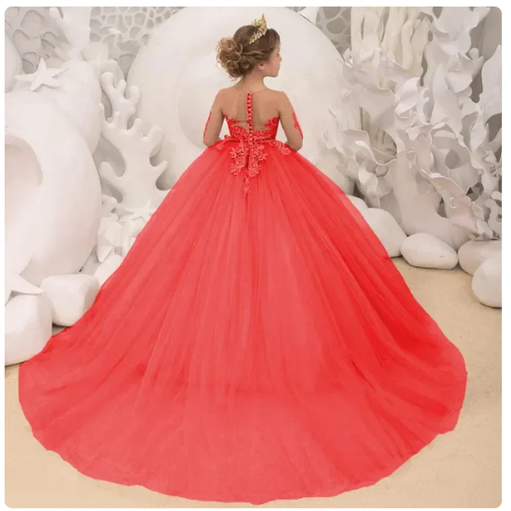 Vestido de princesa con mangas largas y apliques para bodas, de 2 a 14 años, personalizado, sencillo, para niñas de las flores. 