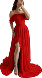 Elegantes schulterfreies Chiffon-Ballkleid für Brautjungfern mit Schlitz, lang, A-Linie, plissierte Rüschen, formelles Abendkleid für Damen 