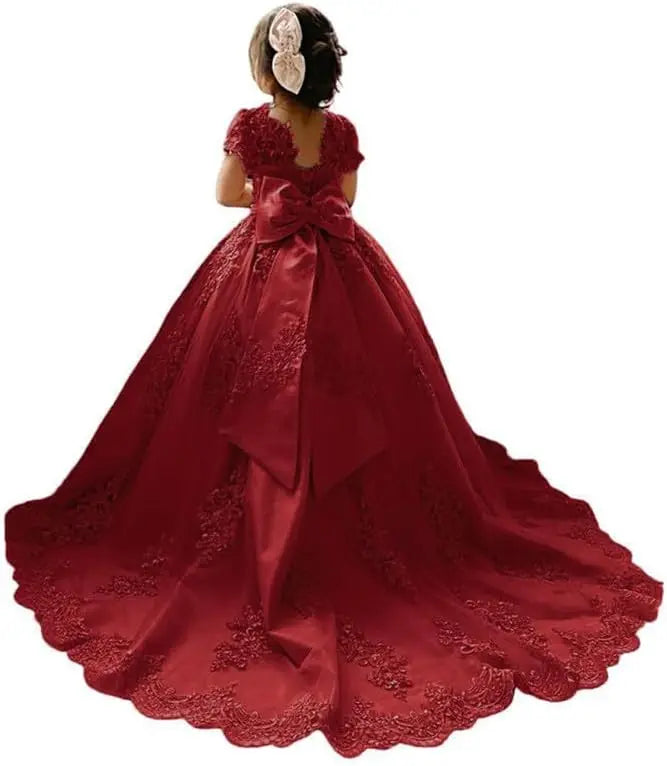 Blumenmädchenkleid für Mädchen zur Hochzeit, Applikationen, Tüll, Festzugskleider, kurze Ärmel, Ballkleid mit Schleife, Prinzessinnenkleid 
