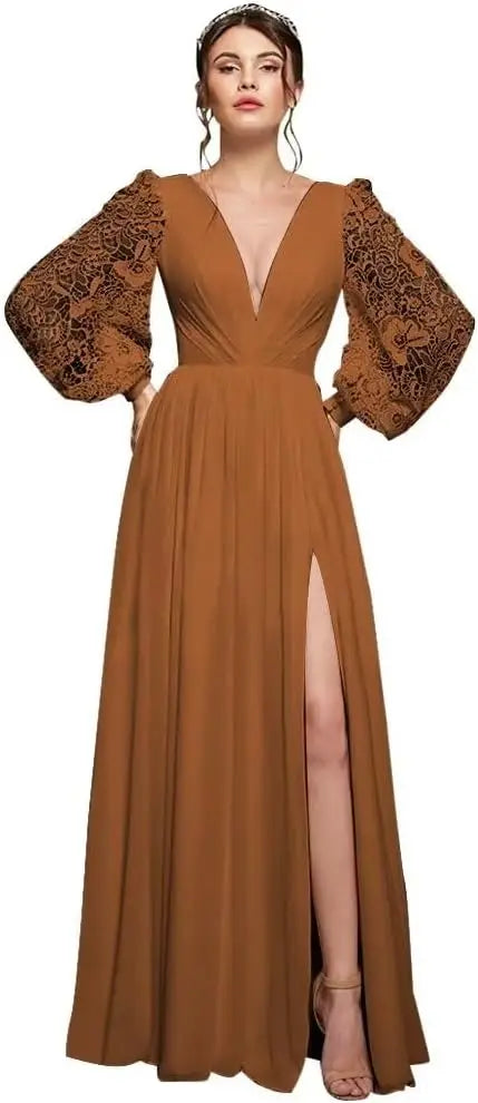 Langärmliges Brautjungfernkleid, Chiffon, Ballkleid, langes Hochzeitskleid mit Spitzenapplikation, V-Ausschnitt, formelle Kleider mit Schlitz 