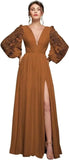 Langärmliges Brautjungfernkleid, Chiffon, Ballkleid, langes Hochzeitskleid mit Spitzenapplikation, V-Ausschnitt, formelle Kleider mit Schlitz 