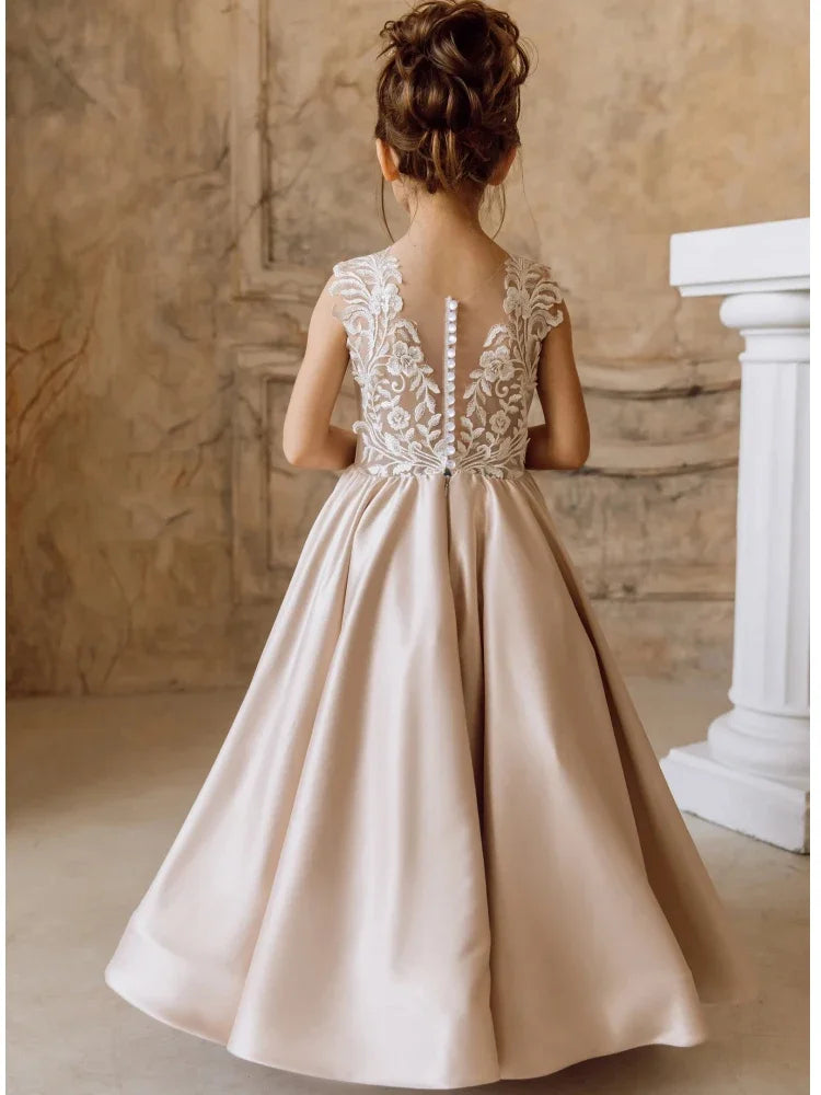 Vestidos de satén rosa empolvado con apliques blancos sin mangas para bodas, fiestas de cumpleaños, primera comunión y niñas de las flores. 