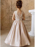 Vestidos de satén rosa empolvado con apliques blancos sin mangas para bodas, fiestas de cumpleaños, primera comunión y niñas de las flores. 