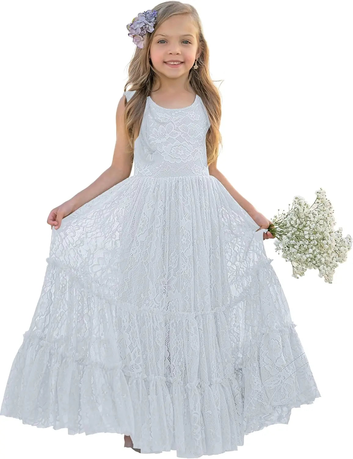 Blumenmädchenkleid Spitze Boho Kleinkindkleider Rüschen Mädchenkleid für Hochzeit Gartenparty Urlaub Kommunion Ärmellos Prinzessin 