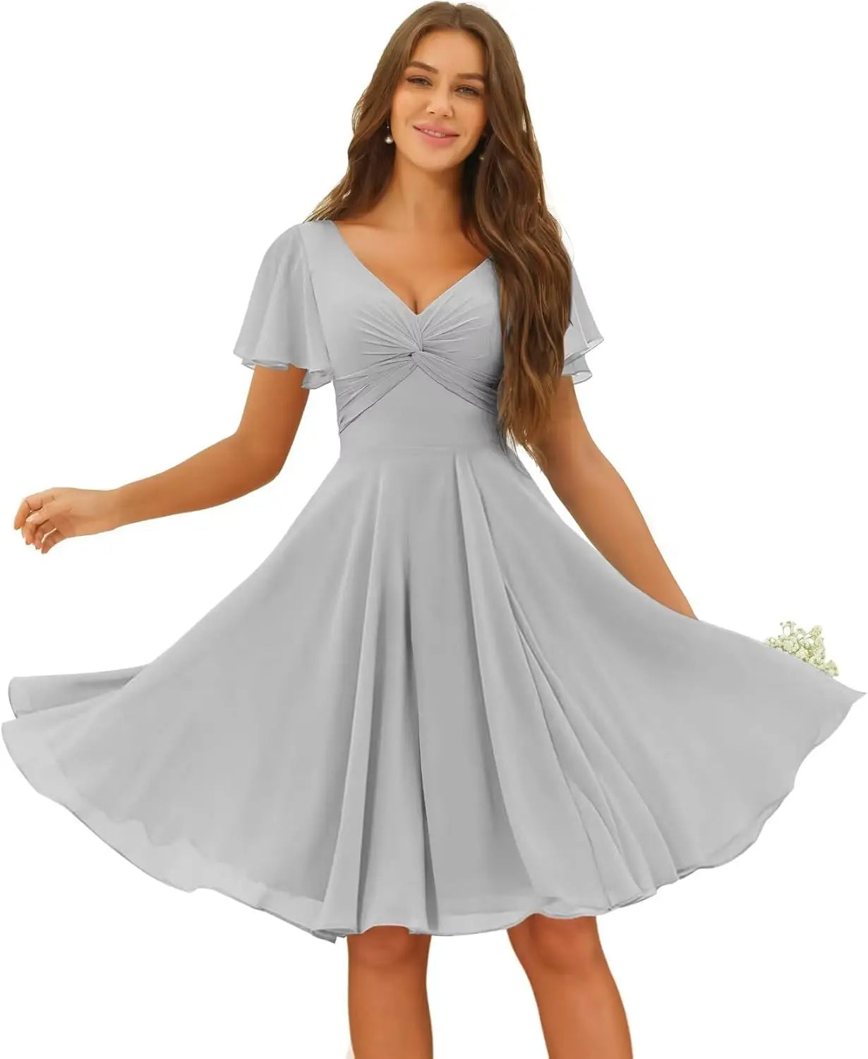 Women's Pleated Chiffon Flutter Sleeves Junior Bridesmaid Dresses with Pockets V Neck Short Formal Dress Wedding Party Gowns