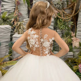 Vestidos de primera comunión para banquetes de cumpleaños, vestidos de niña de las flores de tul blanco con estampado floral abullonado, sin mangas para boda 