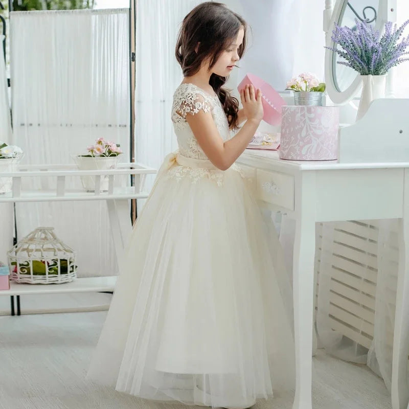 Apliques color marfil con vuelo y cinturón de lazo, sin mangas, para bodas, fiestas de cumpleaños, banquetes, vestidos de primera comunión y vestidos de niña de las flores. 
