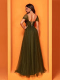 Elegant Short Sleeve Tulle Slit Evening Dresses 2027 Women Long Luxury Mermaid Formal Bridesmaid Party Maxi Prom Graduation Gown