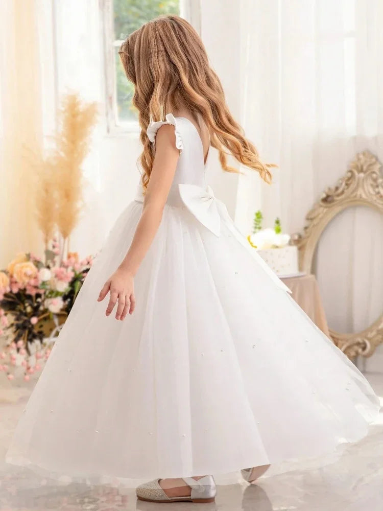 White Tulle Pearls Skirt With Bow Short Sleeve For Wedding Birthday Party First Communion Gowns Flower Girl Dress Princess Dress