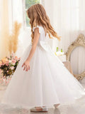 White Tulle Pearls Skirt With Bow Short Sleeve For Wedding Birthday Party First Communion Gowns Flower Girl Dress Princess Dress