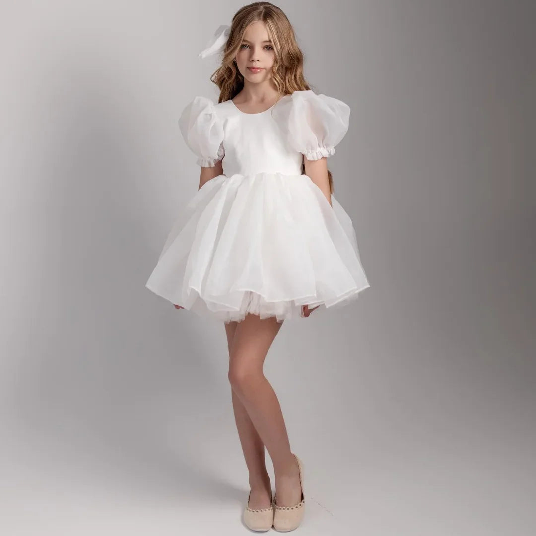 Vestidos de organza blanca de tul con lazo y manga corta para bodas, cumpleaños, bailes, banquetes, comuniones, personalizados. 