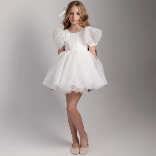 White Organza Tulle With Bow Short Sleeve For Wedding Birthday Prom Banquet Holy Communion Gowns Customized Flower Girl Dresses