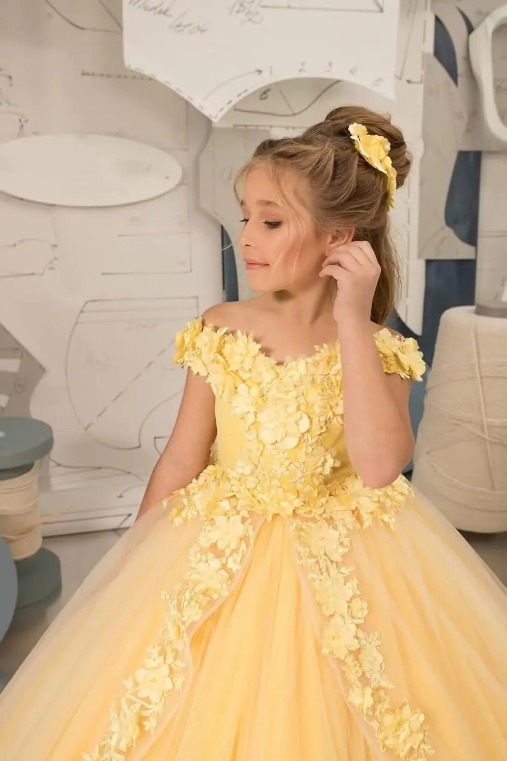 Vestido de tul para niña de las flores, para boda, con hombros descubiertos, para desfile, con flores 3D, estilo princesa, para fiesta 