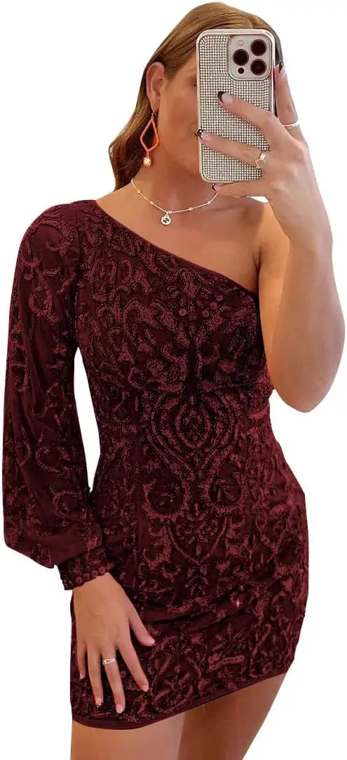 Vestidos de fiesta de encaje con lentejuelas brillantes para adolescentes, mangas abullonadas, un hombro, minivestido de cóctel para graduación, vestidos de noche 