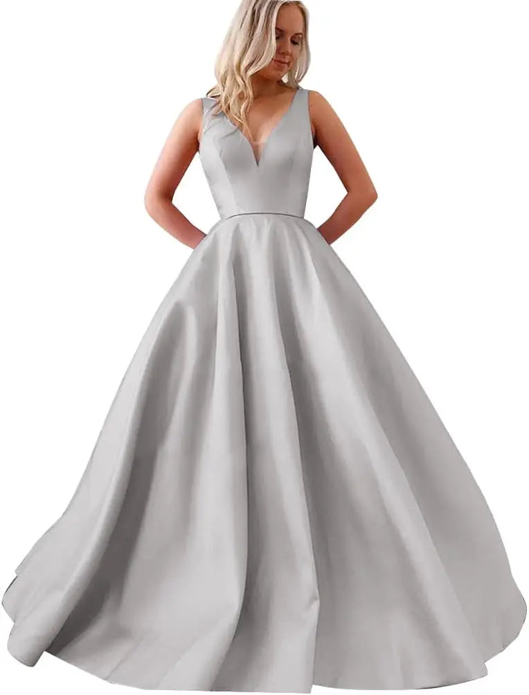 Satin A Line Wedding Dresses for Bride V Neck Prom Dresses with Pockets Simple Long Ball Gowns