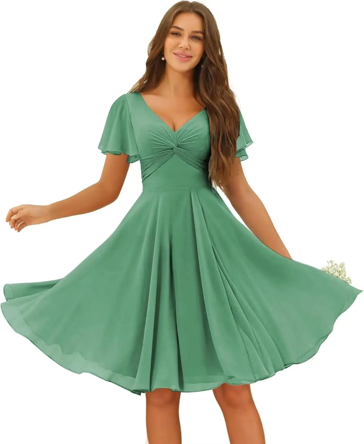 Women's Pleated Chiffon Flutter Sleeves Junior Bridesmaid Dresses with Pockets V Neck Short Formal Dress Wedding Party Gowns