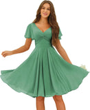 Women's Pleated Chiffon Flutter Sleeves Junior Bridesmaid Dresses with Pockets V Neck Short Formal Dress Wedding Party Gowns