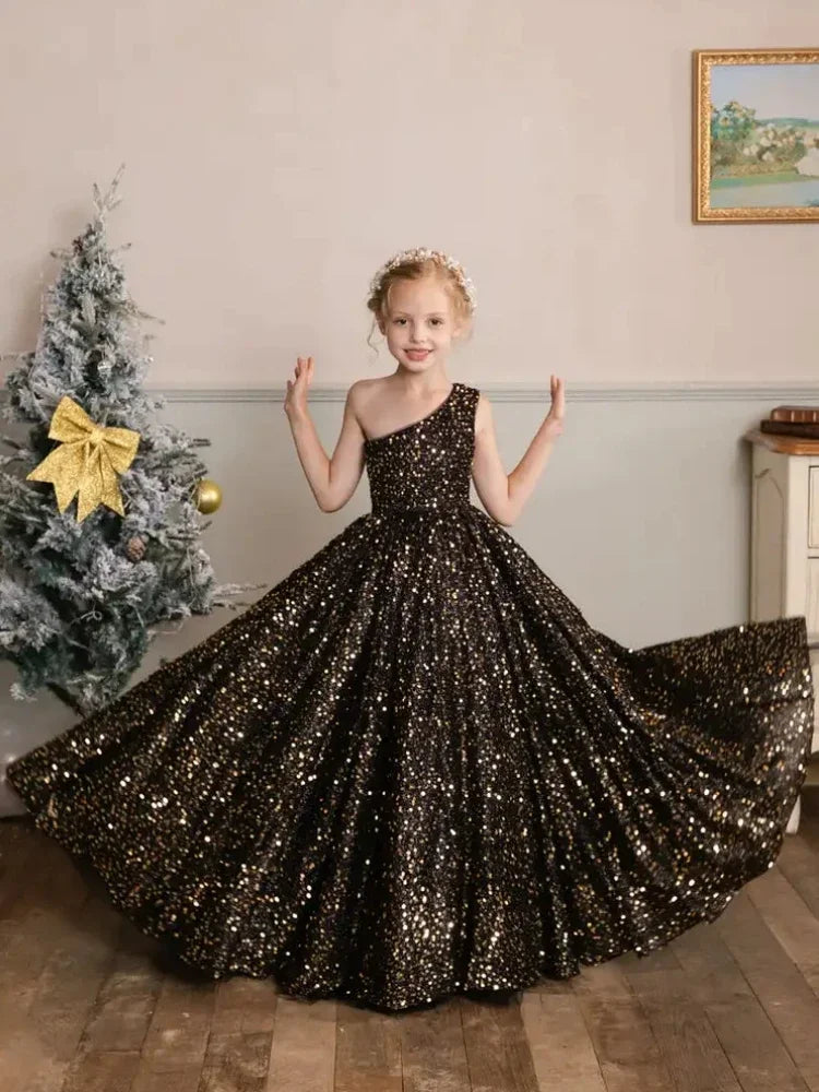Vestido de princesa con lentejuelas abullonadas color burdeos, de un solo hombro, para bodas, fiestas de cumpleaños, banquetes, vestidos de niña de las flores, vestido de princesa 