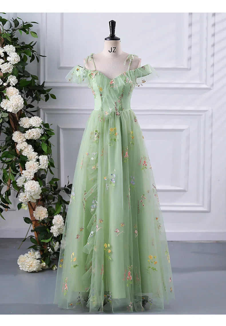 New Spaghetti Strap Evening Dresses Sweet Embroidery Flower Tulle Party Dress Elegant Long A-line Prom Dresses Customized