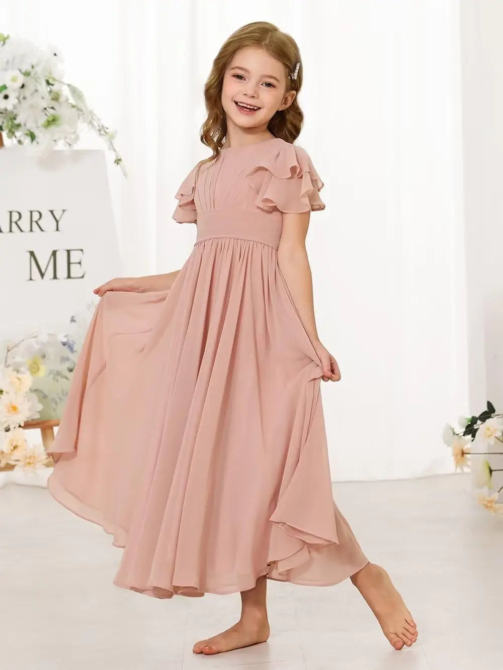 Flower Girl Maxi Dress for Wedding Bridesmaids Flowy Chiffon Teens Ruffle Sleeve Formal Party Pageant Gown princess dress