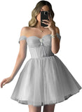 Vestidos de fiesta de tul brillante con hombros descubiertos, vestidos de fiesta cortos para adolescentes, vestido de cóctel de corte A con escote en forma de corazón y vuelo. 