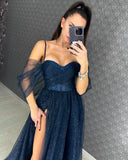 Sparkling Evening Dress with Sweetheart Corset Off-Shoulder Sleeves A-Line Skirt with High Slit Customizable Colors Glitter Gown