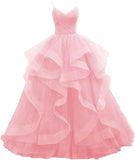 Customized V Neck Glitter Tulle Long Prom Dresses Spaghetti Straps Ball Gown For Women Puffy Tiered Formal Evening Party Dresses