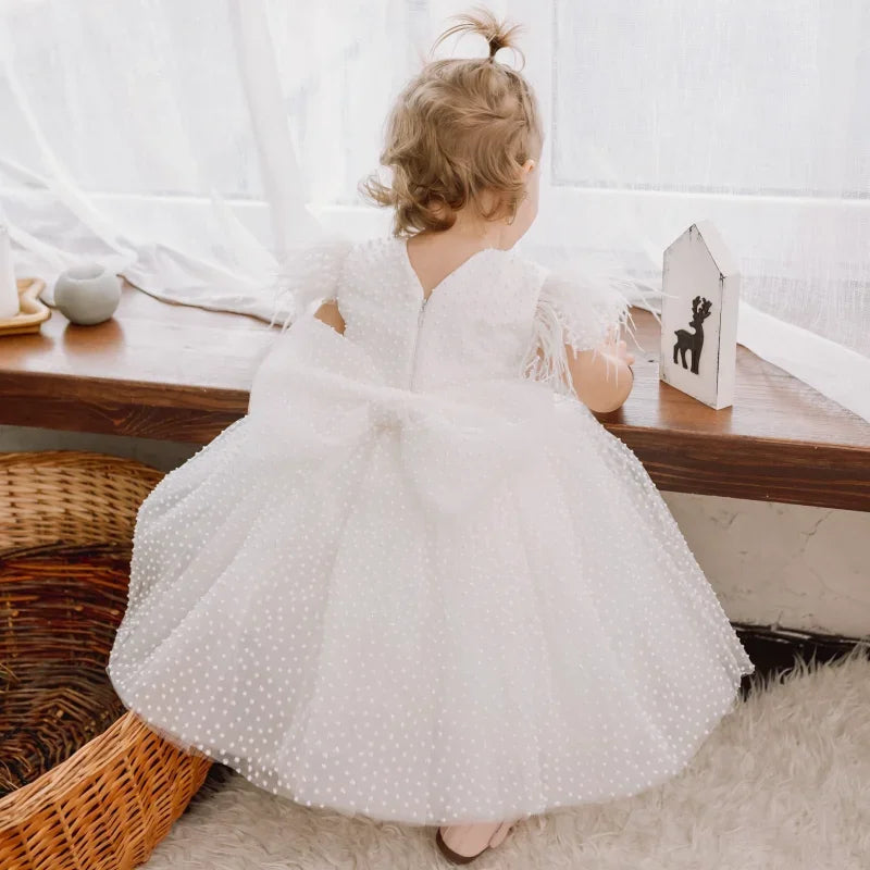 Party Birthday Holy Communion Gowns Flower Girl Dresses White Tulle Wave Point Skirt With Bow Feather Sleeve For Wedding