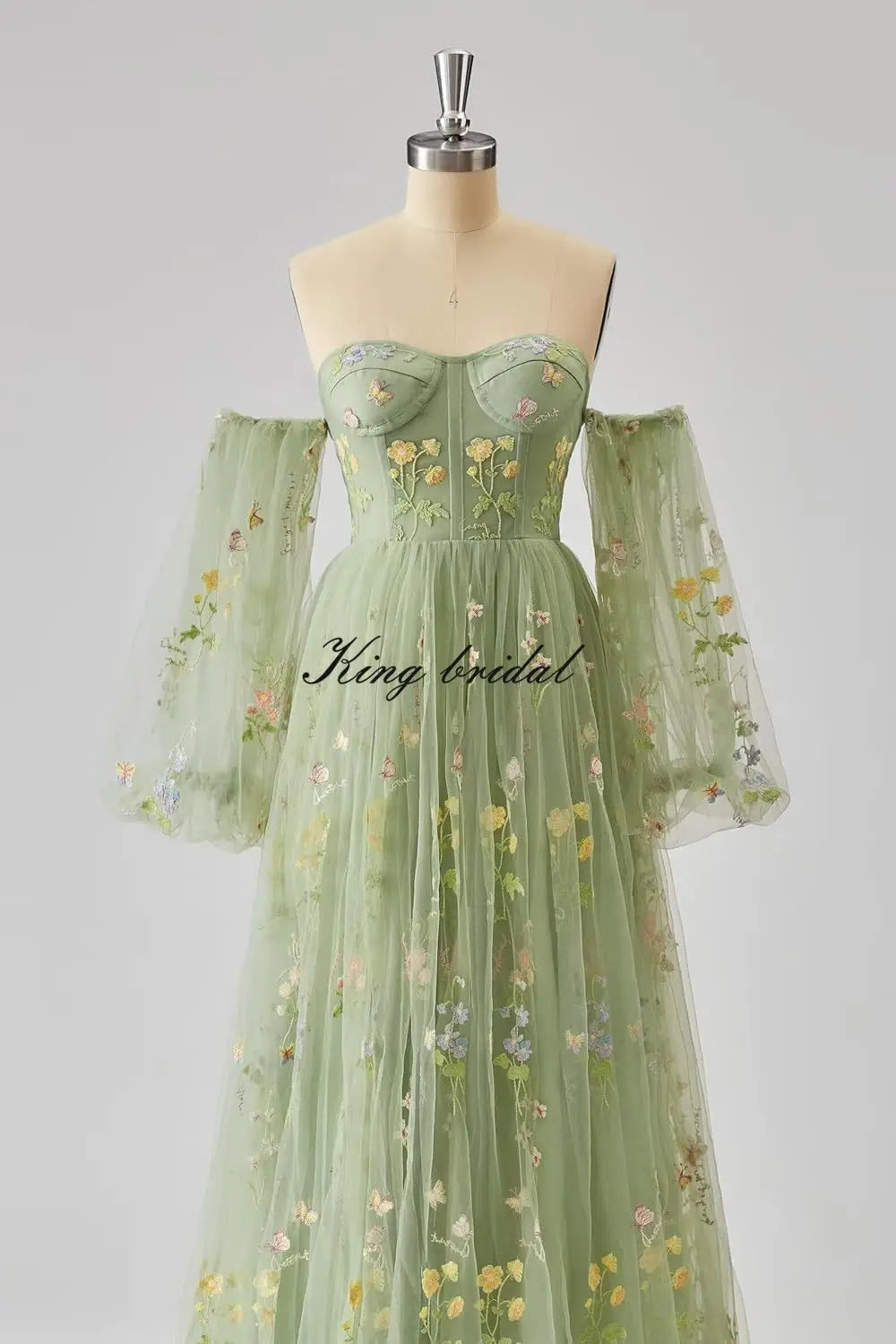 Puffy Sleeve Flower Embroidery Tulle Prom Dresses for Women Long A Line Fairy Maxi Formal Evening Party Gown Bridesmaid Dresses
