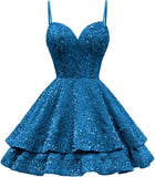 Tiered Sequin Homecoming Dresses Short for Teens 2025 Spaghetti Straps A-Line Prom Dress mini dress  party dresses