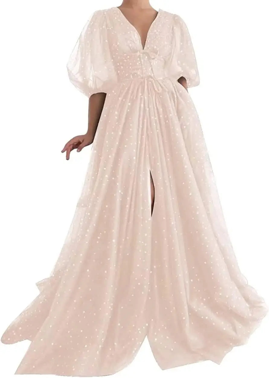 Vestidos de fiesta formales de noche largos de talla grande con mangas abullonadas de tul estrellado brillante para mujer con abertura 