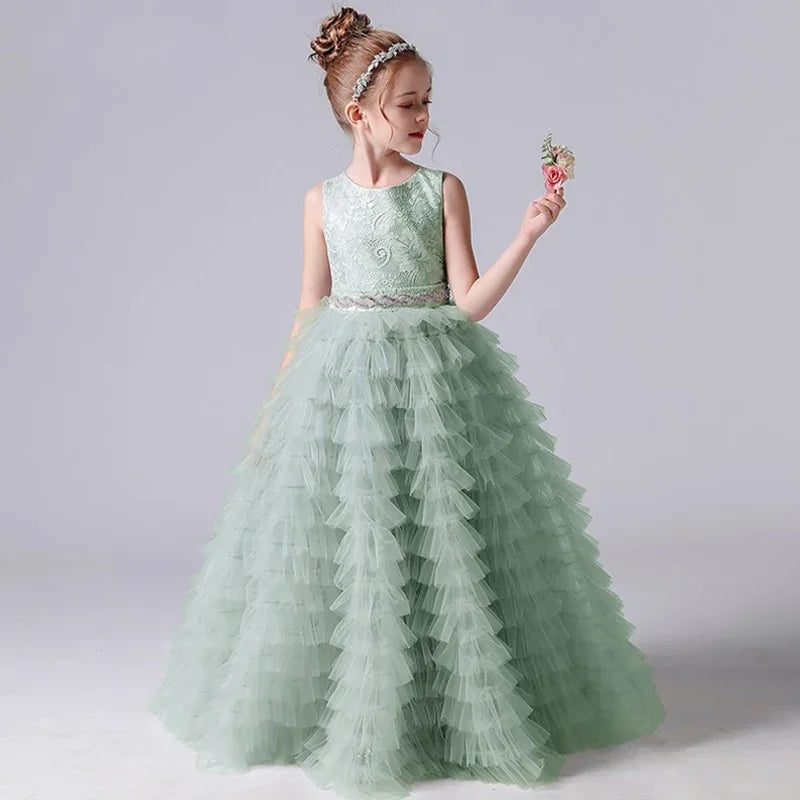 Gray Tulle Appliques Tiered Long Skirt Sleeveless For Wedding Birthday Party Banquet Princess Gowns Flower Girl Dresses