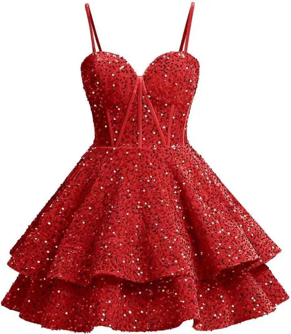 Vestidos de fiesta de graduación con lentejuelas brillantes para adolescentes, tirantes finos, corsé, vestido de cóctel con capas brillantes 
