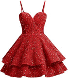 Vestidos de fiesta de graduación con lentejuelas brillantes para adolescentes, tirantes finos, corsé, vestido de cóctel con capas brillantes 