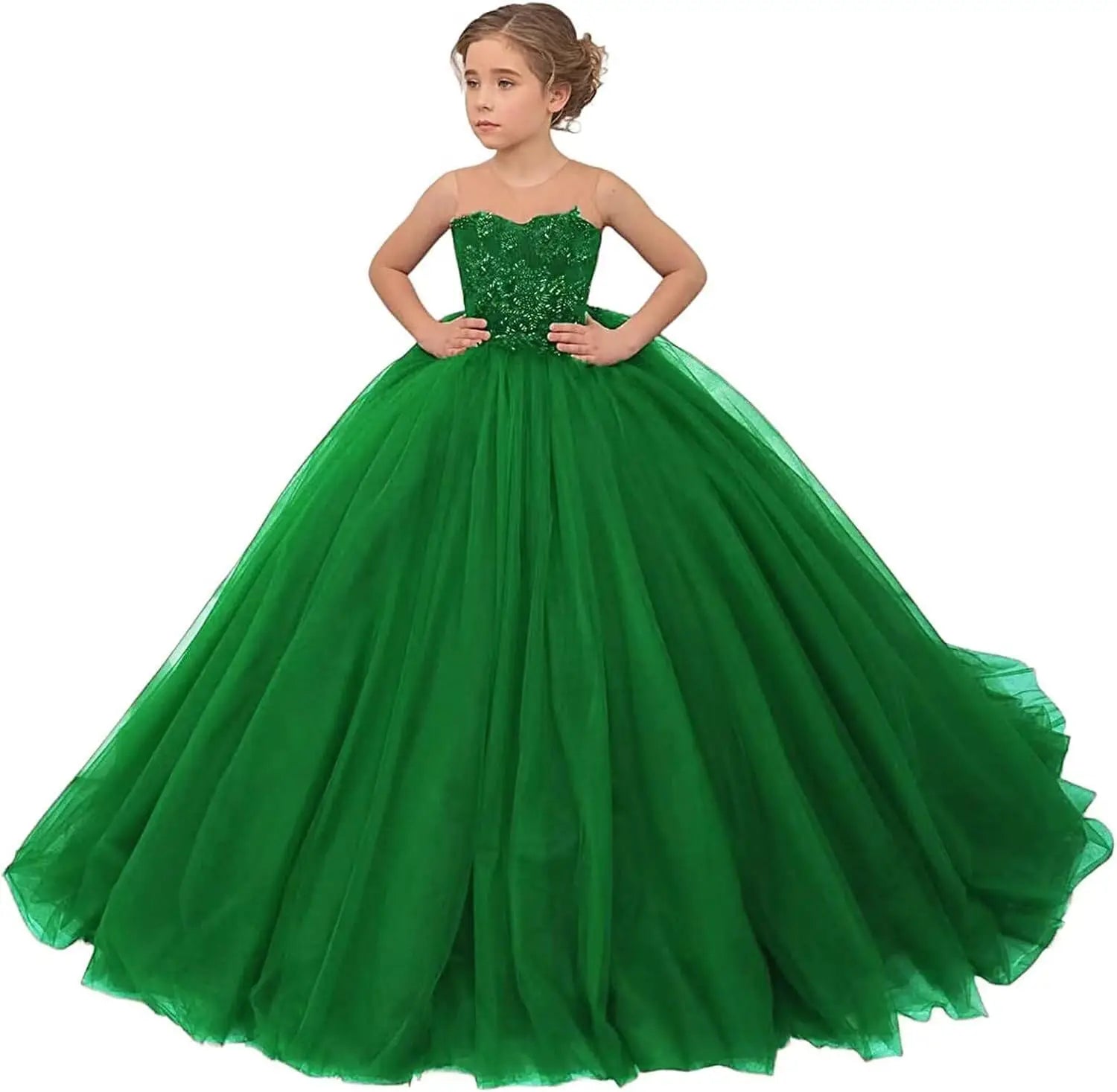 Tulle Flower Girls Dresses Lace Appliques Long Formal Princess Wedding Pageant Ball Gowns for Children