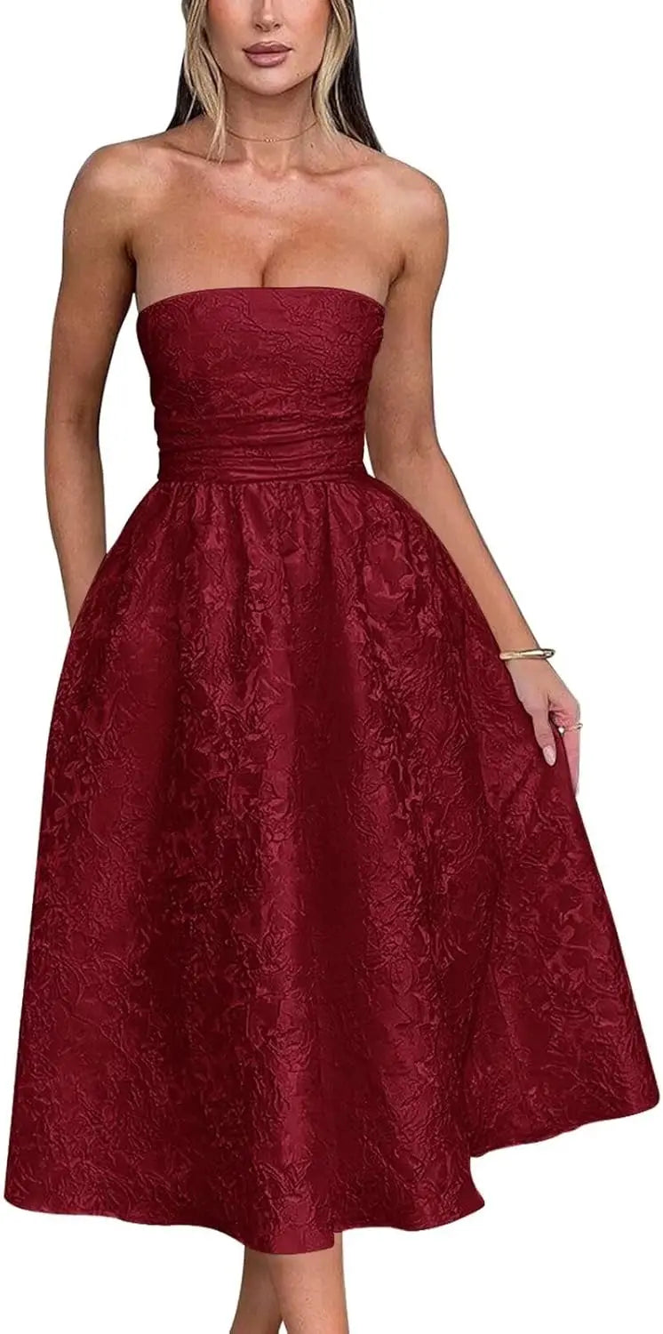 Vestido de fiesta de satén jacquard floral, largo hasta la rodilla, corte A, sin tirantes, con corsé, para dama de honor, para fiesta de noche formal 