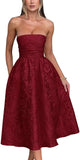 Vestido de fiesta de satén jacquard floral, largo hasta la rodilla, corte A, sin tirantes, con corsé, para dama de honor, para fiesta de noche formal 