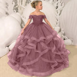 Grape Purple Floral Appliques Tiered With Trailing For Wedding Birthday Party Banquet Gown Customized Flower Girl Dresses