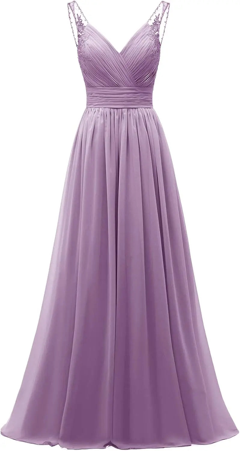 Chiffon-Spitze Brautjungfernkleider lang für Damen V-Ausschnitt Plissee Tüll Träger A-Linie Abschlussball Abend Hochzeit formelle Kleider 