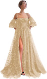 Sparkly Starry Tulle Prom Dresses for Women Slit Long Puffy Sleeve Glitter Star Formal Evening Party Gown Junior Bridesmaid Gown
