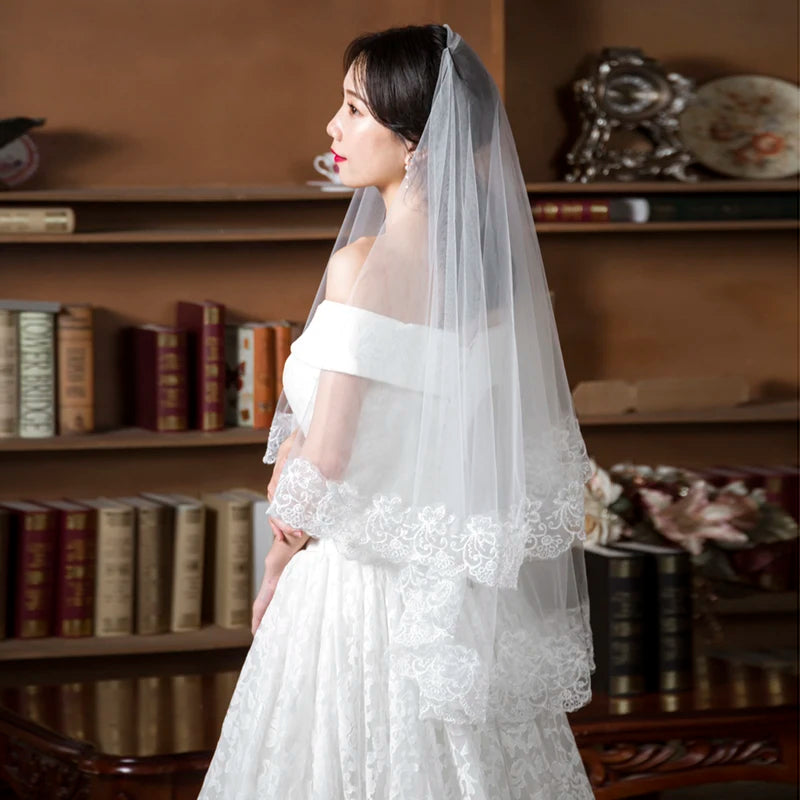 White Ivory Red Black Bridal Veil Lace Short Elbow Wedding Tulle Appliques Embroidery Edge Long Cathedral Bride Veils 1.4M 265cm