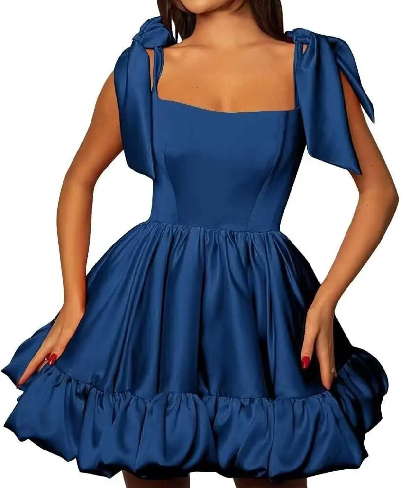Women’s A-line Puffy Straps Sleeveless Formal Party Gown Teens Satin Short Homecoming Cocktails Dress