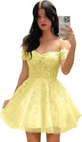 Hübsches kurzes Heimkehrkleid mit Spitzenapplikation für Teenager, glitzernder Tüll, schulterfrei, formelles Abschlussball-Cocktailkleid, Clubkleid 