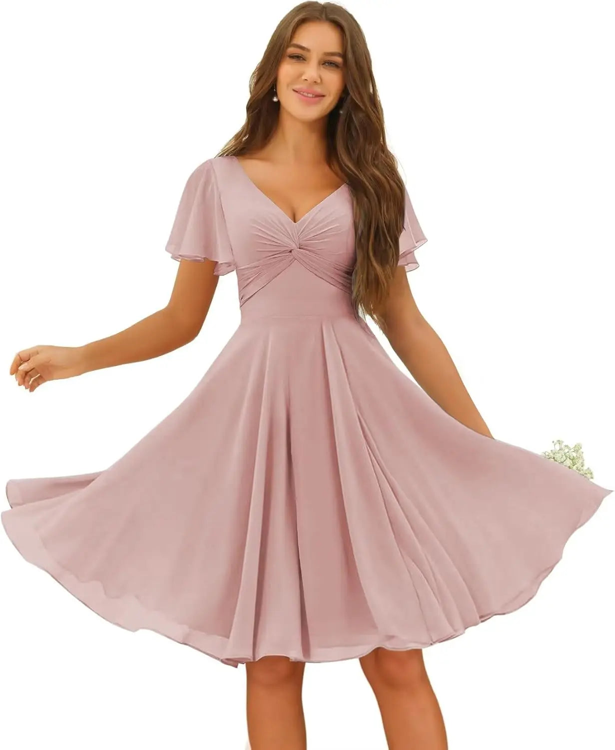 Women's Pleated Chiffon Flutter Sleeves Junior Bridesmaid Dresses with Pockets V Neck Short Formal Dress Wedding Party Gowns