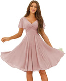 Women's Pleated Chiffon Flutter Sleeves Junior Bridesmaid Dresses with Pockets V Neck Short Formal Dress Wedding Party Gowns