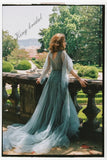 Voluminous tulle bridal Pale blue sleeves wedding dress Fairy hand embroidered  formal dress women elegant evening party dresses